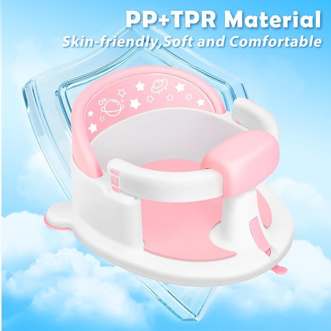 Baby Bath Seat 6M+, Non-Slip Cushion, CPSC Certified, 5-Pc Set, Pink | BPA-free PP+TPR, easy-release handle, ergonomic backrest, lightweight & portable, available in pink
