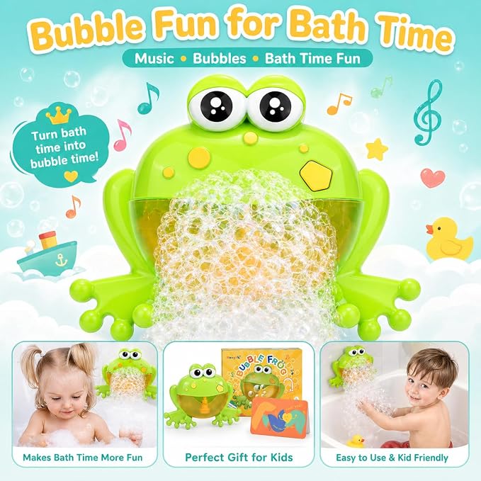 Bath Toys for Toddlers 1-3, LED Light Up Frog Bubble Machine with 24 Songs & Song Switch, Automatic Bubble Maker Blower for Baby Bathtub, Fun Shower Toys for Boys Girls, 18M+