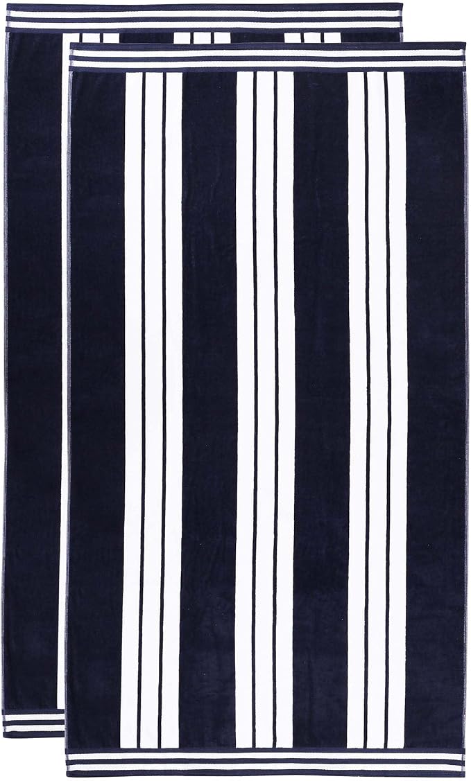 Superior Oversized Cotton Beach Towel Set of 2, Absorbent Towels for Bathroom, Pool, Swim, Adults, Kids, Vacation, Travel, Bath Sheet, Quick Dry Basics, Trip Essentials, Striped Decor, Blue