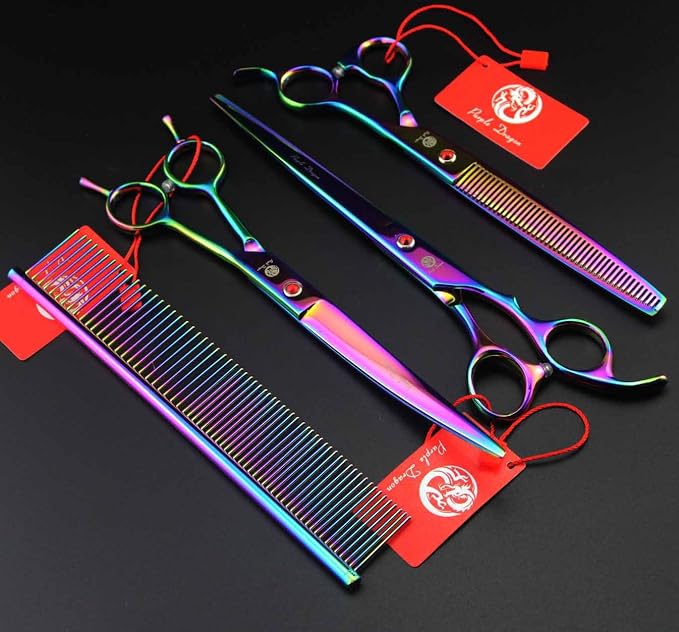 Purple Dragon 8 inch 3 in 1 Professional Pet Grooming Thinning Scissors - Upward Curved Shears and Dog Hair Cutting Scissor - Perfect for Pet Groomer or Family DIY Use (Rainbow)