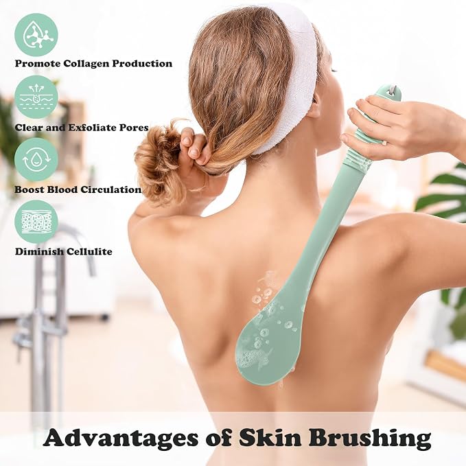 17-Inch Back Scrubber for Shower, Anti-Slip Exfoliating Body Brush for Bath, Gentle Back Brush for Shower for Men, and Women, Cleaning Skin for Smooth, Glowing Skin (Pea Green)