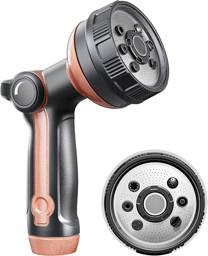 Garden Hose Nozzle, Metal Water Spray Nozzle with 8 Spray Patterns & Thumb Control, Heavy Duty Full Shower Water Nozzle for Lawn & Plant Watering, Car & Pet Washing, Black