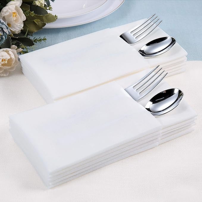 FOCUSLINE 100 Disposable Bathroom Napkins, Linen-Feel Paper Guest Towels, Soft and Absorbent Paper Hand Towels Party Napkins for Bathroom, Kitchen, Dinner, or Event, White, 12" x 17"