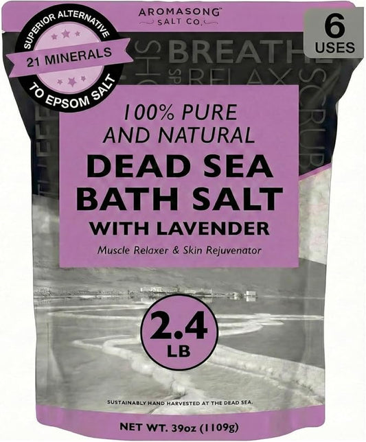 Aromasong Pure Dead Sea Salt for Soaking with 100% Natural Lavender, 2.43 LB - Spa Bath Salt Fine Grain - Body Wash Scrub - Soak for Women & Men- Bulk Resealable Pack