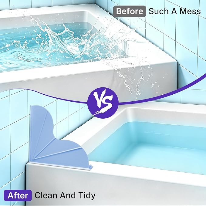BUCABUCA 2-Pack Silicone Shower Splash Guard with Strong Suction Cups, No Adhesive L-Shaped Bathroom Water Splash Blocker, Reusable Silicone Water Guard for Bathtub, Washbasin, Kitchen Sink (Blue)