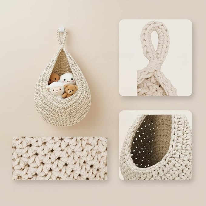 3-Pack Hanging Wall Baskets w/ Decorative Hooks, Cotton Rope Storage for Nursery & Kids Room, Kitchen & Bath, Wall Organizer for Toys, Stuffed Animals, Fruit & Accessories