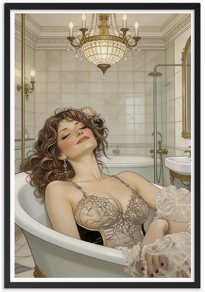 Elegant Vintage Bathing Woman Wall Art Luxury Bathroom Poster with Crystal Chandelier Classic Victorian Spa Art Print Aesthetic Wall Decor for Powder Room Apartment 12X18 in Unframed