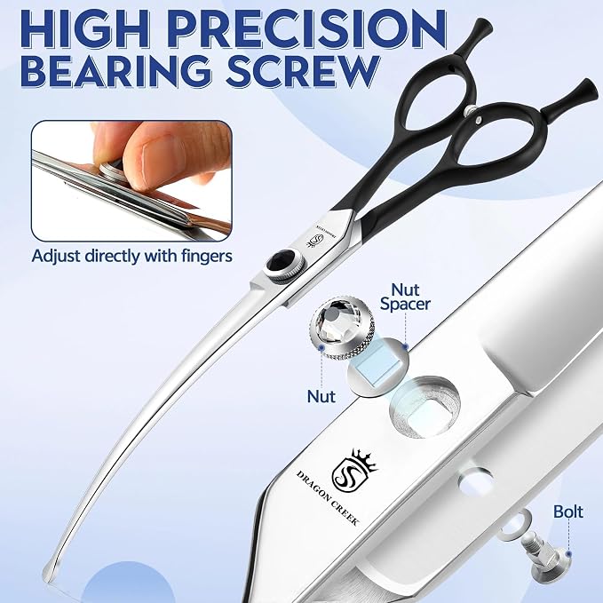 Dragon Creek 8" Downward Curved Dog Grooming Scissors Shears for Grooming Face and Paws Safety Round Tips Shears Trimming Cutting Scissors for Dog Cat Pet Black