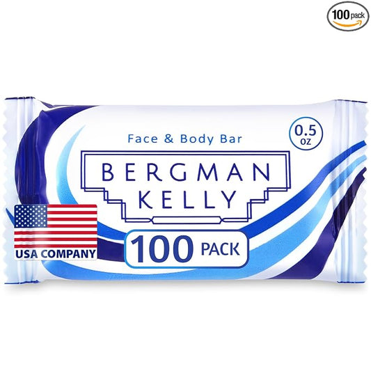 BERGMAN KELLY Luxury Travel Size Soap Bulk, White Tea, 0.5 oz, 100 PK | Bergman Kelly Guest Size: Individually wrapped 2.3" x 1.3" bars. Rich lather, ideal for Airbnbs, travel, and care packages.