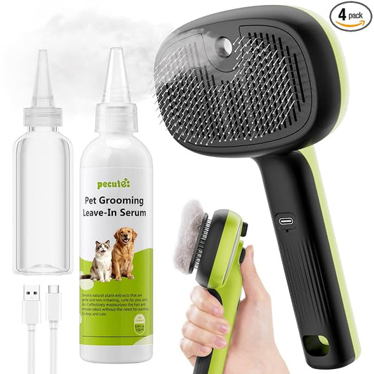 Pecute Self-Cleaning Steam Dog Cat Brush & Leave-in Conditioner, Cool Mist | Smoothing & hair removal, Skin-friendly, Shedding control, For water-anxious pets, 2 spray modes, XL tank, 240-min runtime