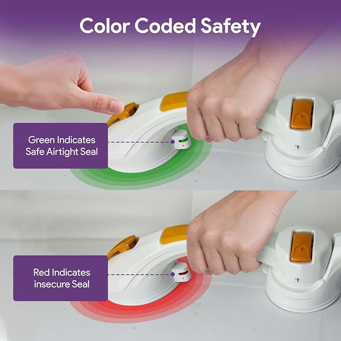 Rotating Suction Grab Bar for Shower and Bathtub - Tool Free Suction Cup Bath & Shower Handles with Color Coded Secure Locking Latches - Bathroom Wall Safety Grab Bars for Seniors and Elderly