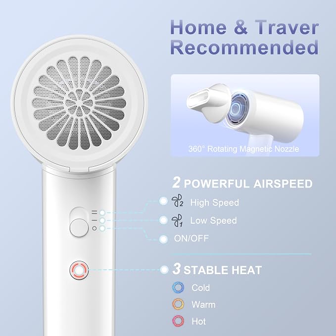YAPOY Hair Dryer, 200 Million Ionic Blow Dryer, 110,000 RPM Fast Drying, Reduced Frizz, Intelligent Thermo-Control, Low Noise, Lightweight for Adult/Children/Dog, Home/Hotel/RV/Travel