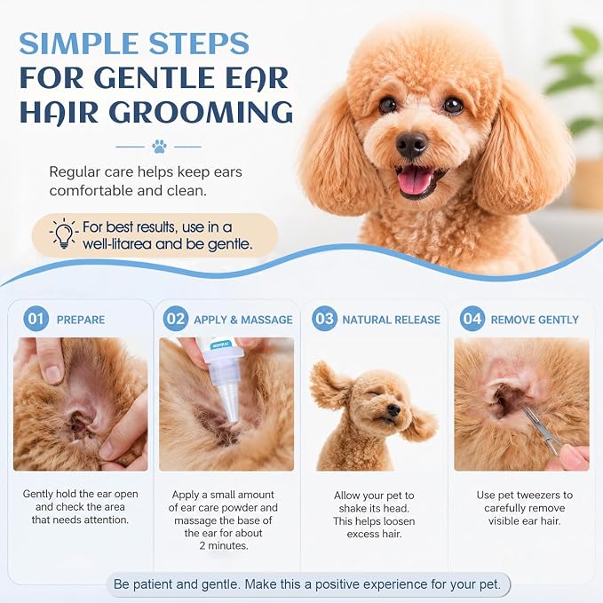 Dog Ear Powder for Hair Removal Kit – 42g Ear Powder for Dogs with 4.8" Straight Grooming Tweezers, Helps Remove Excess Ear Hair & Reduce Odor for Poodles, Schnauzers & Other Breeds