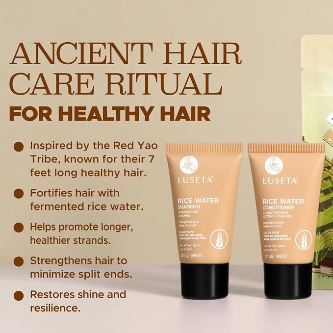 Luseta Rice Water Shampoo and conditioner Set Strengthening & Nourishing Revitalizes Shine for All Hair Types Hydrating & Frizz Control for Women and Men 1.01oz*2 | Strengthening & Nourishing Revitalizes Shine for All Hair Types Travel Size Frizz Contr...