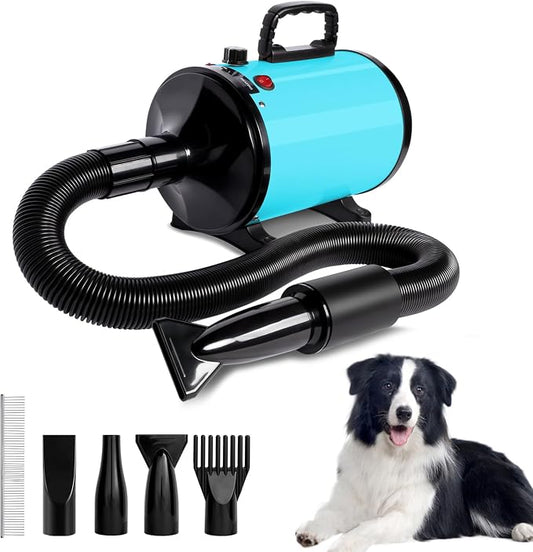 IVY&LANE Dog Hair Dryer for Pet Grooming,High Velocity Dog Dryer Force Blower with 4 Nozzles,Adjustable Speed and Temperature Control Dogs Blow Dryer,Noise Reduction,Blue