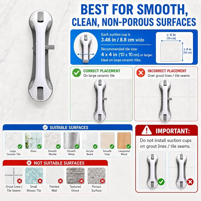 2 Pack Grab Bars for Bathroom, Shower Safety Handle for Elderly and Seniors, No Drill Removable Bathtub Handle with 3 Suction Cups, Smooth Tile & Glass