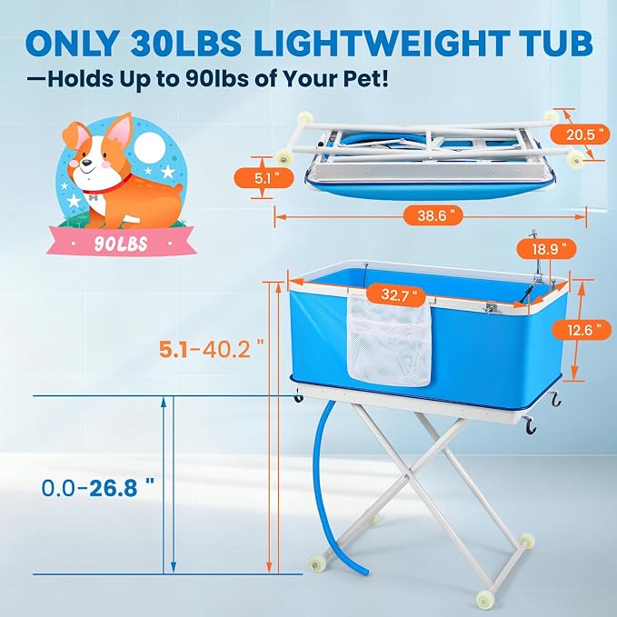 Foldable Dog Bathing Tub with Wheels, Adjustable Height 0-26.8" Pet Wash Station, Portable Dog Bath Tub for Large Dogs Up to 90lbs, with Drain & Storage Bag