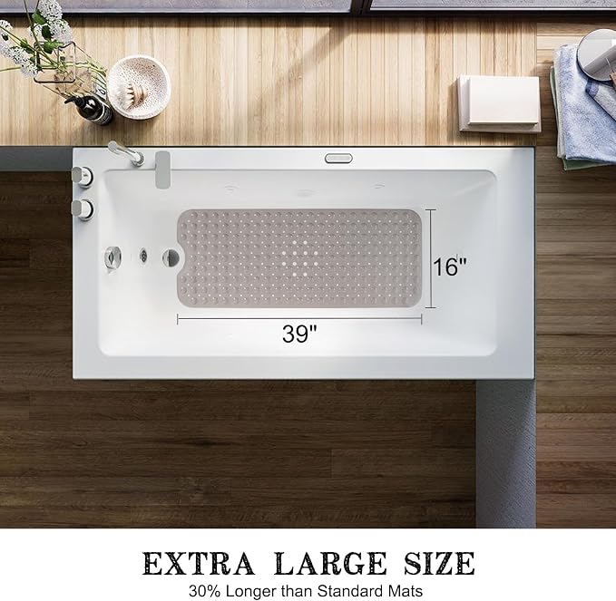 Bathtub and Shower Mats, Extra Long Non-Slip Bath Tub Mat 39 x 16 Inch, Machine Washable Bathmat with Suction Cups & Drain Holes for Bathroom Floor, Tan