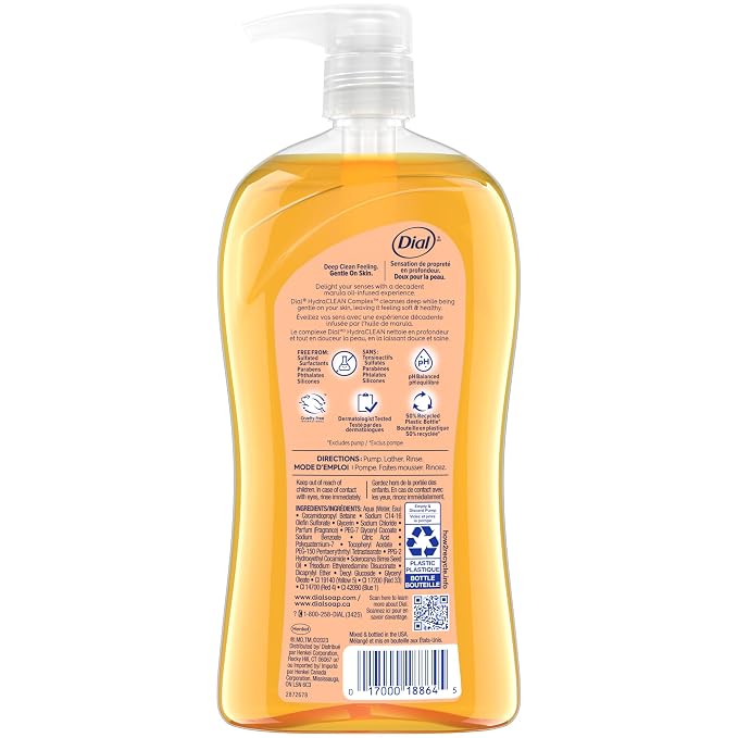 Dial Body Wash, Pamper & Indulge Marula Oil, 32 Fl Oz, Hydraclean Complex & Vitamin E, Gentle, Leaves Skin Feeling Nourished, Dermatologist-Tested, No Parabens & Sulfates