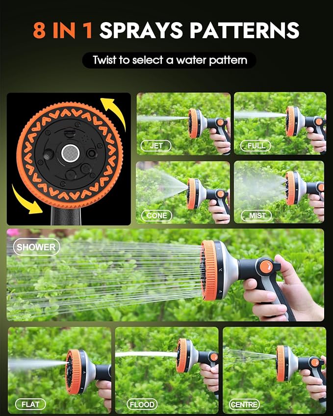 Insoma Full Metal Garden Hose Nozzle, Heavy Duty Water Hose Sprayer 8 Spray Patterns with Thumb Flow Control, Ergonomic Grip, Gentle Mist for Plants, Water-Saving, for Watering, Washing & Pets