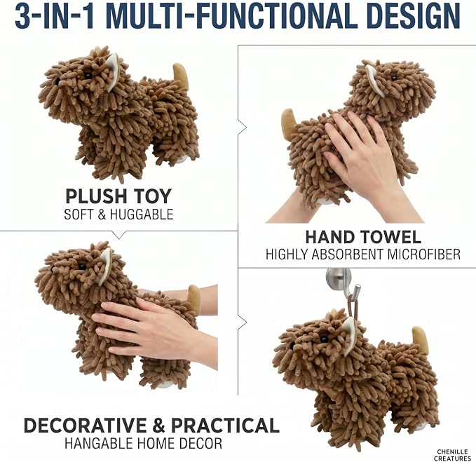Cute Dog Chenille Hand Towel, 3D Puppy Hangable Fuzzy Ball Hand Towel Microfiber Super Soft Absorbent Bathroom & Kitchen Towels with Hanging Loop, Can Be Placed on the Sink Countertop (Dark Brown)
