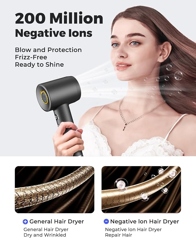 Bopcal Ionic Hair Dryer, 160000 RPM Brushless Motor, Smart Thermo-Control, Negative Ion Fast Drying, Quiet Lightweight Blow Dryer, Cold Air & 4 Heat Settings, for Home Travel Salon (Black)