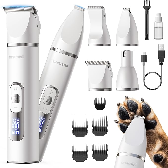 oneisall 4 in 1 Dog Grooming Kit with LCD Display, Dog Hair Trimmer for Paw Nail Grinder, Rechargeable Cordless Low Noise IPX7 Waterproof Pet Clippers (White)