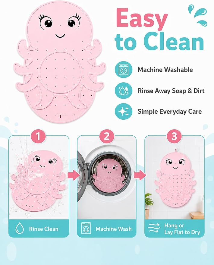 Kids Bathtub Mat Non Slip, Soft Silicone Octopus Baby Bath Mat for Tub, Toddler Bath Mat with Large Suction Cups, Washable Anti Slip Shower Mat for Children, Smooth Tub Surface Only