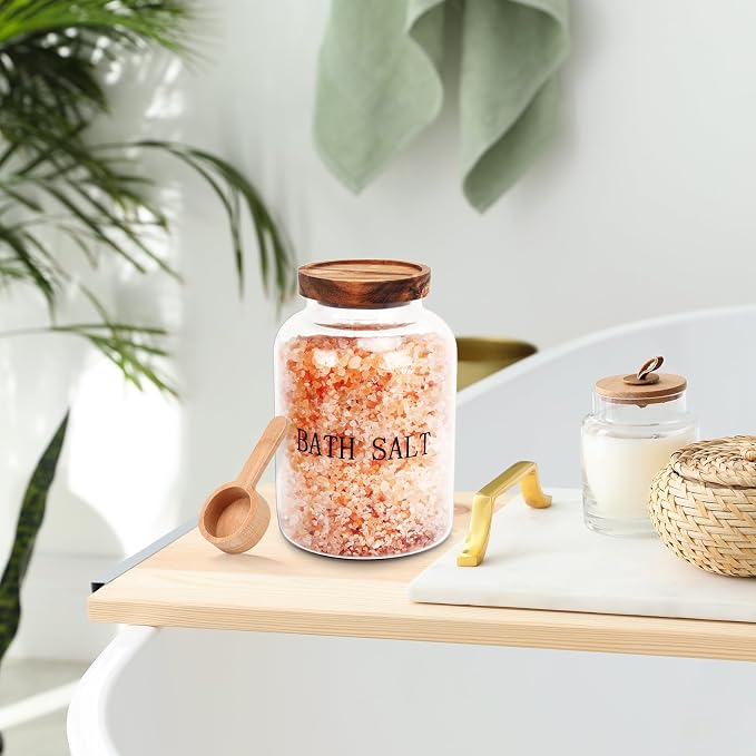 BKYFPQ 2Pcs 74 oz Glass Bath Salts Jar,Bath Salt Container with Wooden Lid and Scoop,Bathroom Organizers and Storage,for Bathroom Bath Decor,Home Decor,Bathtub Accessories for Women