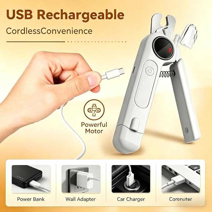 2 in 1 Dog Nail Clippers & Grinder with Light, Quiet Electric Cat Nail Trimmer for Large Medium Small Dogs & Cats, 3 Speeds, Rechargeable, Splash Guard & Safety Lock, Painless Grooming Tool (White)
