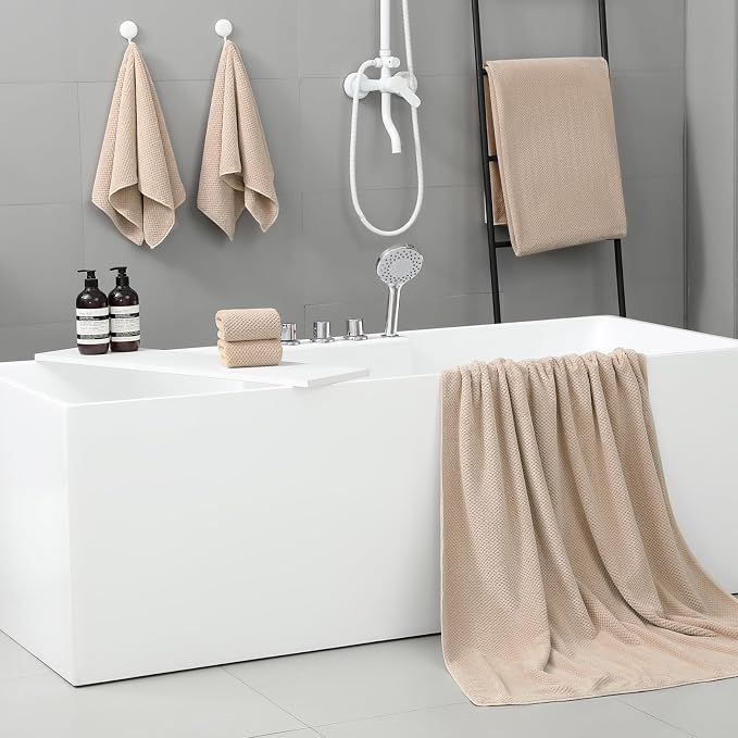 YTYC 29x59 Inch Bath Towels Set of 6 Large, Super Soft Absorbent Lint Free Microfiber Shower Towels for Bathroom 80% Polyester (Beige,6 Piece)