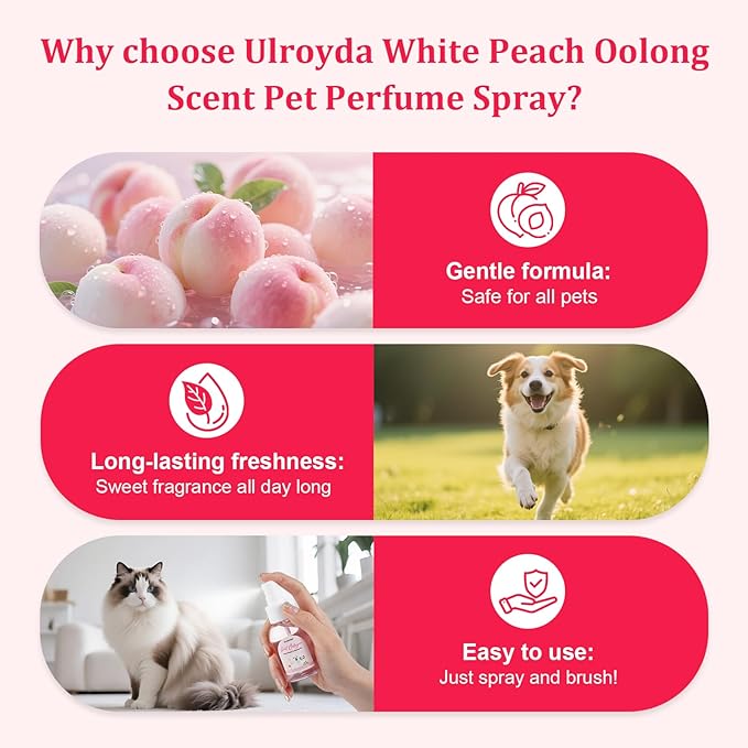 Premium Dog Cologne, Deodorant Perfume for Dogs and Cats, and Coat Spray, Long-lasting White Peach Oolong Scent, Keeps Dogs Fresh All Day, Suitable for Use Between Baths, 2.37 fl oz