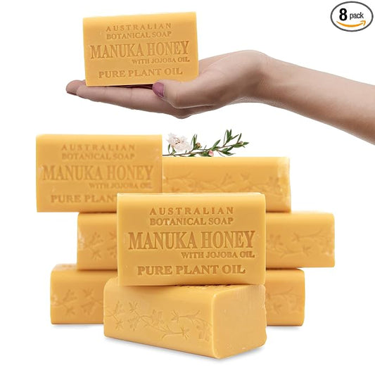 Australian Botanical Soap, 6.6 OZ, Manuka Honey and Jojoba Oil, Triple Milled Bars made with a Natural Soap Base and Enriched with Organic Shea Butter, Pack of 8