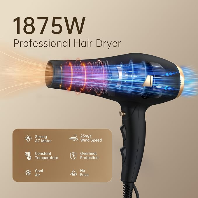 CONFU Hair Dryer Professional Hairdryer - Ionic Blow Dryer 5X Fast Drying | 1875 watt AC motor, 3 heat 2 speed 1 cold button, Blowdryers with comb, diffuser for long thick, curly hair, Low noise, Salon