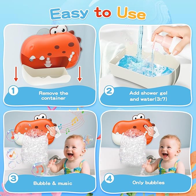 Baby Bath Toys for Kids Ages 1-3 4-8, Rechargeable Dinosaur Bath Bubble Machine with Music for Toddlers, Baby Bathtub Toys, Easter Basket Stuffers, Bath Bubble Maker for Toddlers Kids Boys Girls