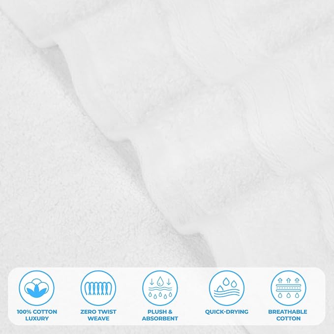Superior Belmont Zero Twist Cotton Medium Weight Small Towels, for Kitchen, Bathroom, Shower, Spa, Plush, Quick Dry, Ultra-Soft Essentials, Thick Border, Face Towels Washcloths, Set of 12, White