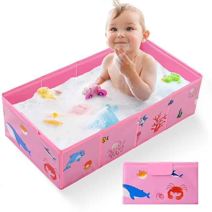 Collapsible Baby Bathtub, Portable Foldable Travel Bath Tub for Infant Toddler, Converts Shower to Tub, No Assembly Folds Flat for Storage, 6M-5 Years, Pink
