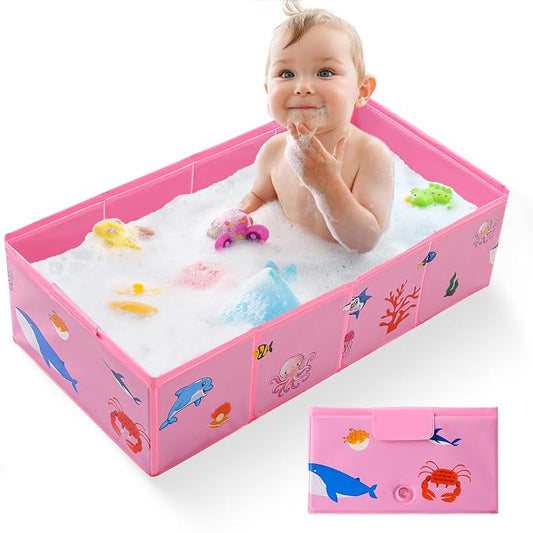Collapsible Baby Bathtub, Portable Foldable Travel Bath Tub for Infant Toddler, Converts Shower to Tub, No Assembly Folds Flat for Storage, 6M-5 Years, Pink