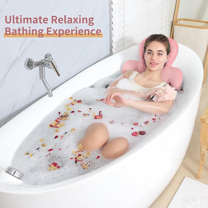 Luxury Bath Cushion, Full Body Bathtub Pillow with 160 Suction Cups, Bath Mat for Head and Neck Support, with Laundry Bag (Light Pink, 51" x 16")