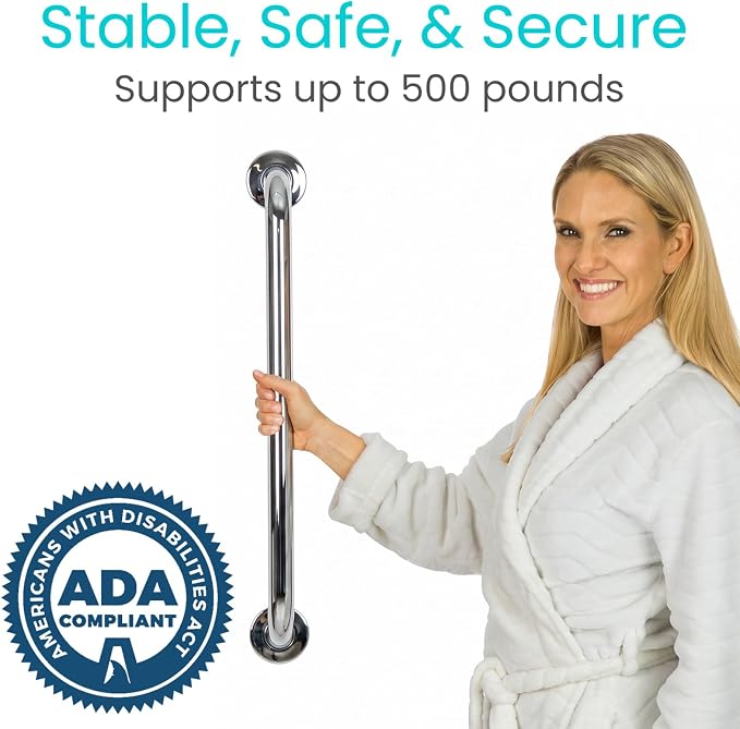 Vive Grab Bar for Showers - Bathroom Antislip Handrail for Seniors, Elderly Assistance Product, Heavy Duty Shower Handles, Handicap Grab Bars, Stainless Steel, Multipurpose, 440 lbs (Polished)