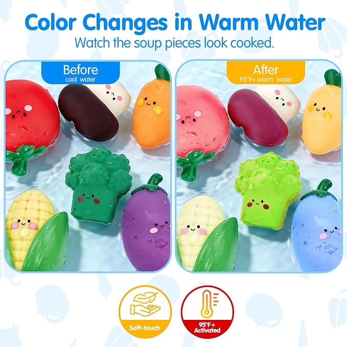 hahaland Color Changing Bath Toys for Toddlers 1-3, Bath Soup Kitchen Playset for 12M+, No-Hole Mold-Free Bathtub Toy for 1 Year Old, Pretend Cooking Set with 15 PCS Veggies, Pot, Spoon, Mesh Bag