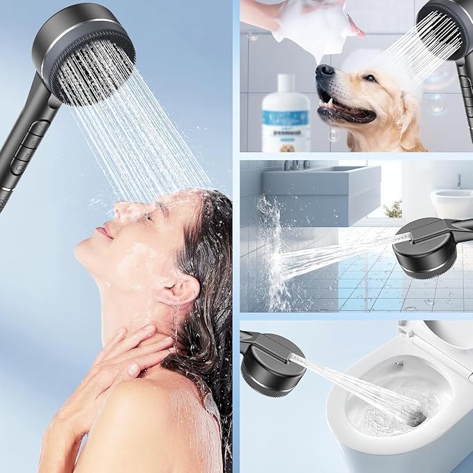 High Pressure Shower Head, High Power Shower Head and Hose Set with 3 Filters, 59‘’ Hose & Bracket, 4 Spray Modes & Pause Switch, Hard Water Filtered Showerhead with Handheld, Light Gray