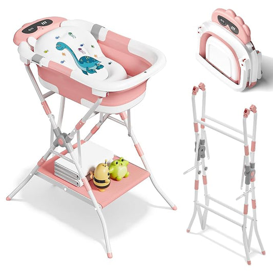2-in-1 Baby Bath with Stand, Foldable Dinosaur Bathtub for Infant to Toddler, Portable Travel Tub with Soft Cushion for 0-18 Months, Pink