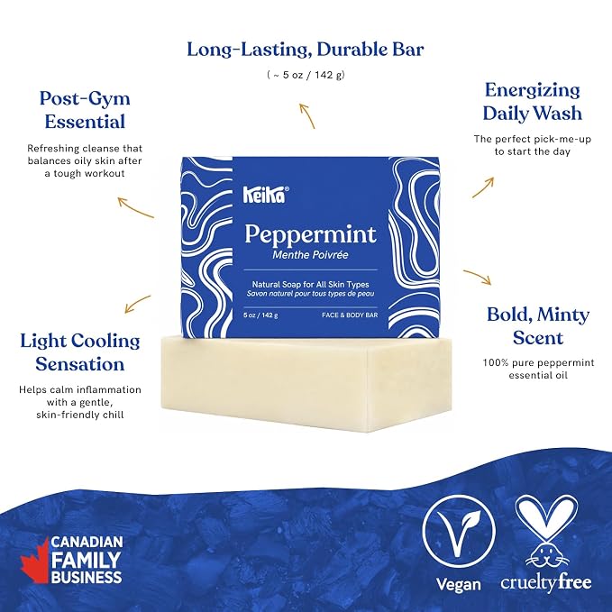 Keika Peppermint Soap Bar for Face & Body, Natural Cooling Spa Bath & Shower Cleanser, 5 oz.