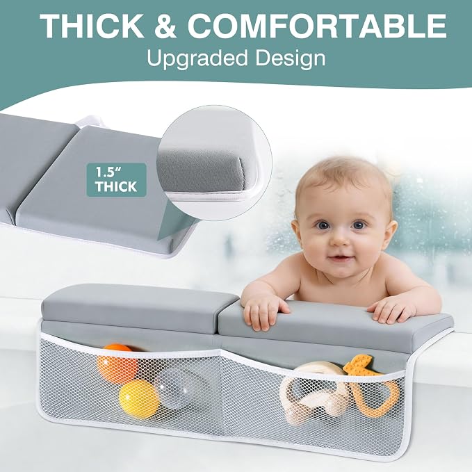 Bath Kneeler and Elbow Rest Pad Set - 1.5" Thick Baby Bath Kneeler - Non-Slip Bathtub Kneeler and Elbow Rest Set with Toy Organizer - Machine Washable Bath Kneeling Pad (Grey)