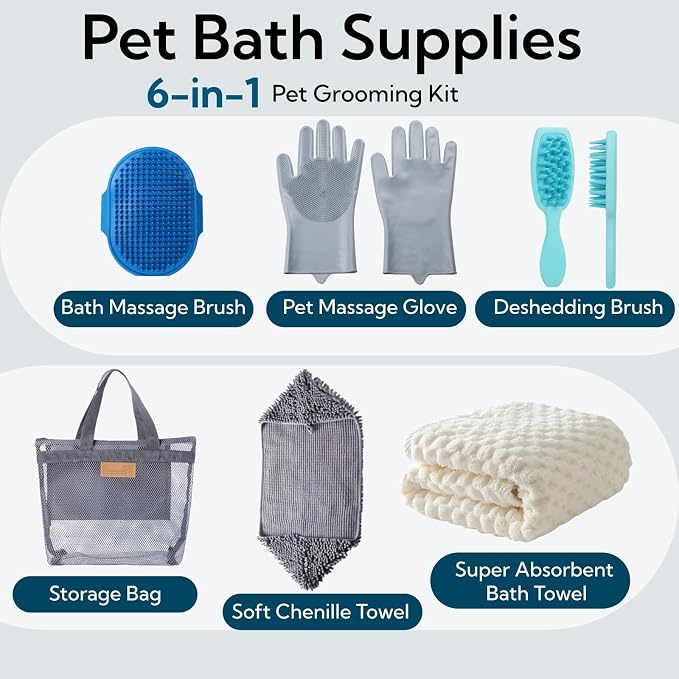 6 Pack Dog Towels for Drying Dogs, Bath Supplies Bath Grooming Kit for Pets, Pet Bath Towel Super Absorbent Set with Hair Brush, Washing Gloves for Large or Small Cats,Beige