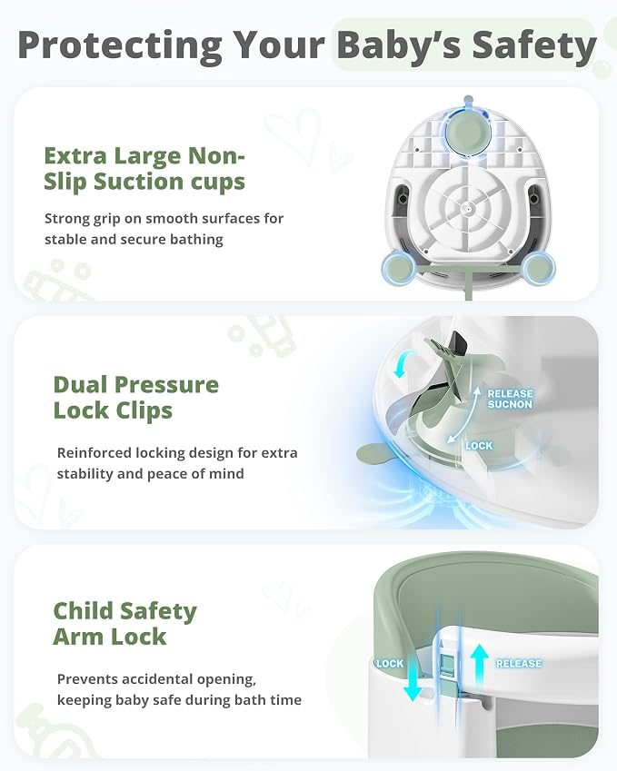 ONTHEWEI Baby Bath Seats for Babies Sitting Up, Non-Slip Baby Bathtub with 3 Suction Cups, Safe & Comfortable Toddler Bath Seat Ideal for Baby Bath/Shower Support, Stable Design, Mist Green