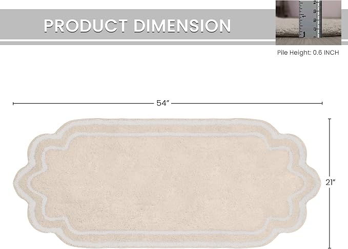 Home Weavers Allure Collection Cotton Bathroom Runner Rug, Soft Absorbent Spray Latex Long Mat, Quick Dry, Machine Washable Floor Runner for Bathroom & Hallway, 21"x54", Ivory
