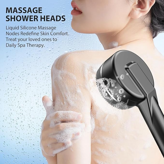 High Pressure Shower Head, High Power Shower Head and Hose Set with 3 Filters, 59‘’ Hose & Bracket, 4 Spray Modes & Pause Switch, Hard Water Filtered Showerhead with Handheld, Light Gray