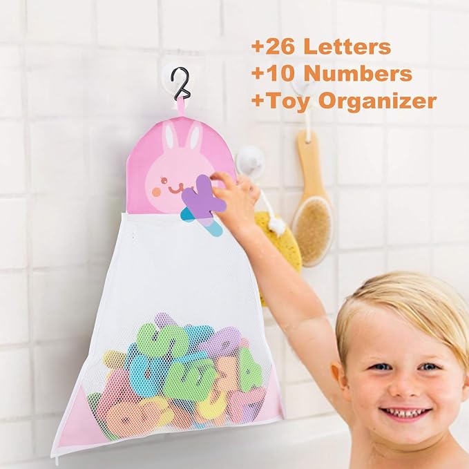 Bath Toys Organizer + 36 Soft Foam ABC 123 Letters & Numbers Bathroom Alphabet Baby Toys for Early Learning Foam Letters and Quick Dry Storage Net Bag for Baby Boys and Girls